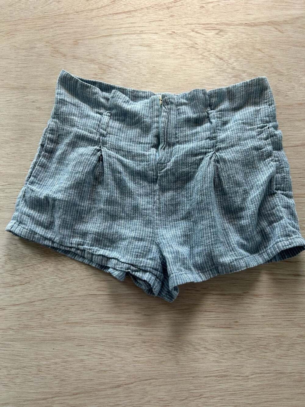 Olivaceous Blue White Striped Linen Cotton High Rise Shorts Size M